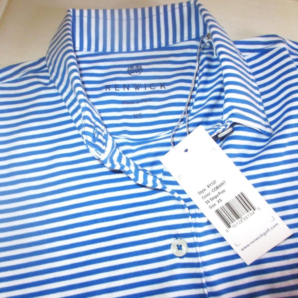 RENWICK Pima 100% Cotton Golf Polo Shirt XS Short Sleeve Cobalt White Stripe $85 - Picture 8 of 9